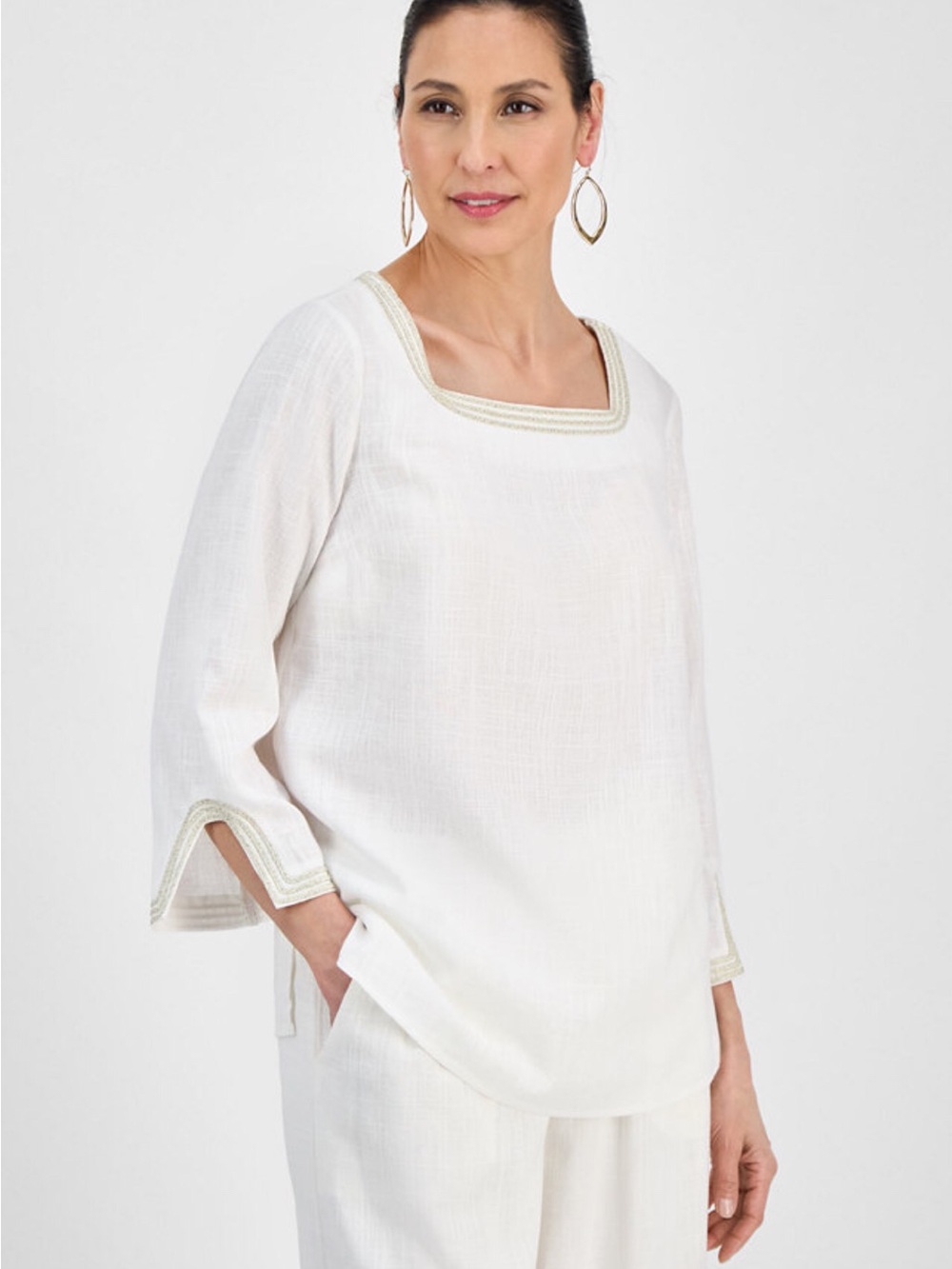 JM Collection White Square-Neck Tunic with Gold Trim